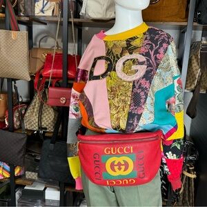 Authentic Gucci Large Logo Print Red Leather Fanny Waist Belt Bag